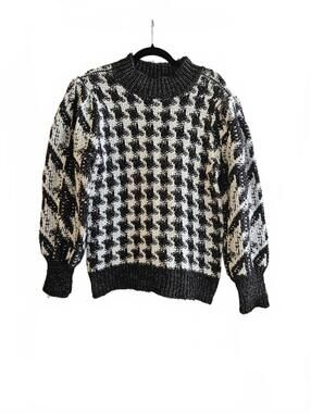 Calvin Klein Houndstooth Chunky Knit Mock Neck Sweater - Black & White - Size M